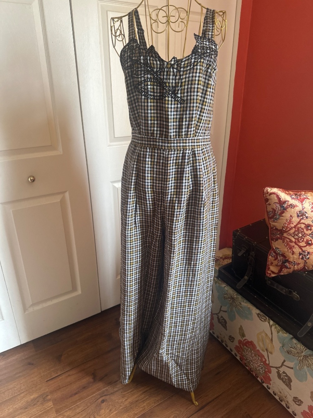 Anthropologie Checkered Embroidered Jumpsuit - Picture 2 of 5